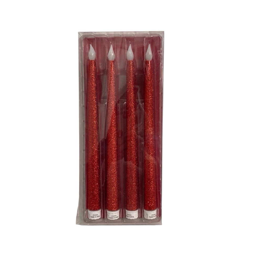 Christmas Red Glitter Battery Taper Candles Set (4)